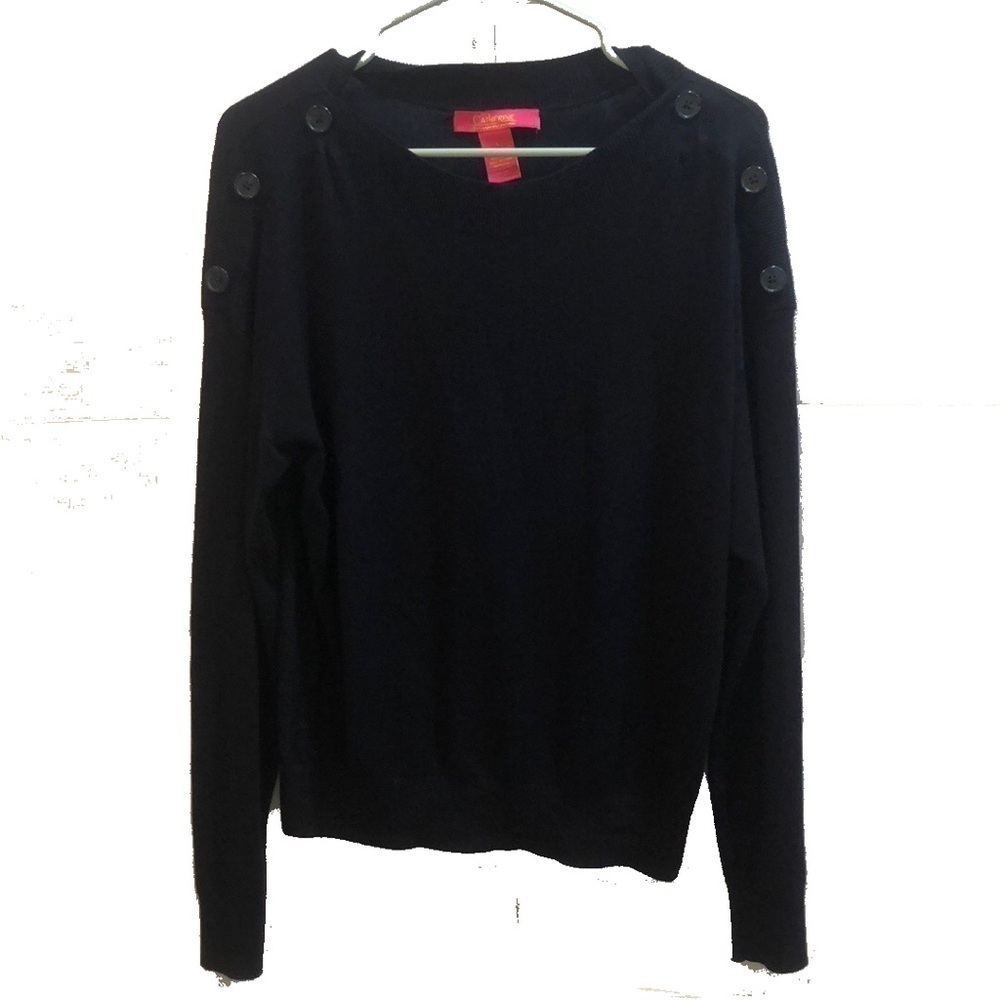 navy blue sweater with button on shoulders